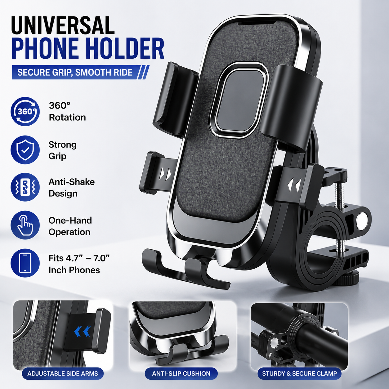 Universal Bike & Motorcycle Mobile Phone Holder | 360° Rotating Handlebar Mount | Anti-Shake Phone Stand | Adjustable Clamp for 4.7–7.0 Inch Smartphones