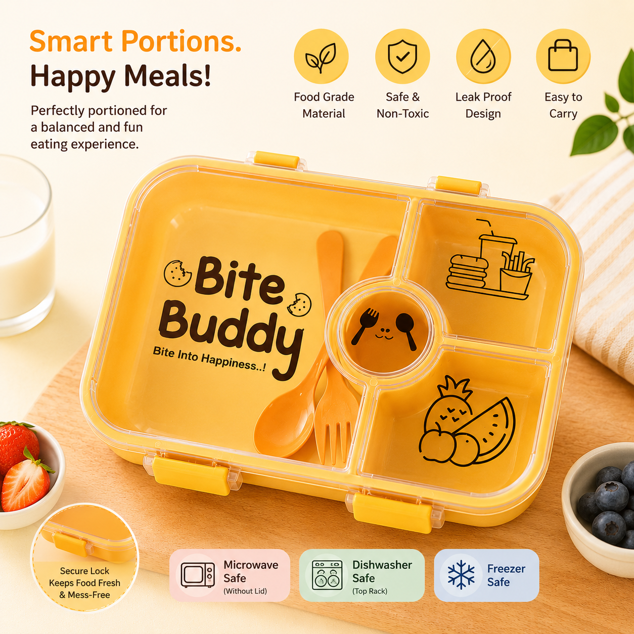 3-Compartment Kids Lunch Box with Spoon & Fork | Leakproof Bento Lunch Box | BPA-Free Food Storage Container | Microwave, Freezer & Dishwasher Safe