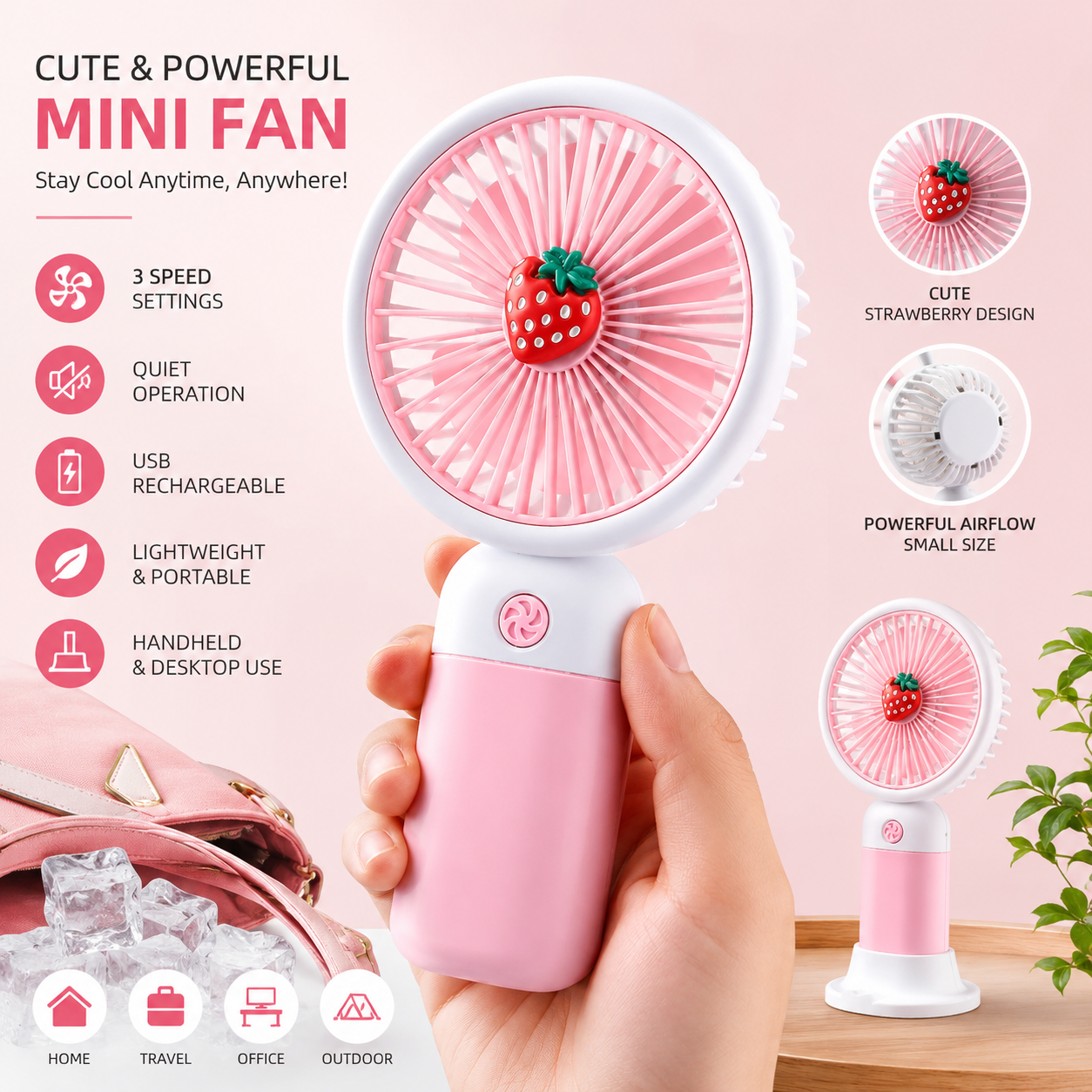 Cute Mini USB Rechargeable Handheld Fan | Portable Personal Cooling Fan | 3-Speed Silent Desk & Hand Fan with Stand | Strawberry Design | Multicolour