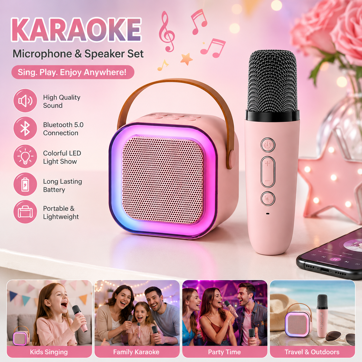 Bluetooth Karaoke Speaker with Wireless Microphone – Portable Rechargeable Music & Singing Speaker